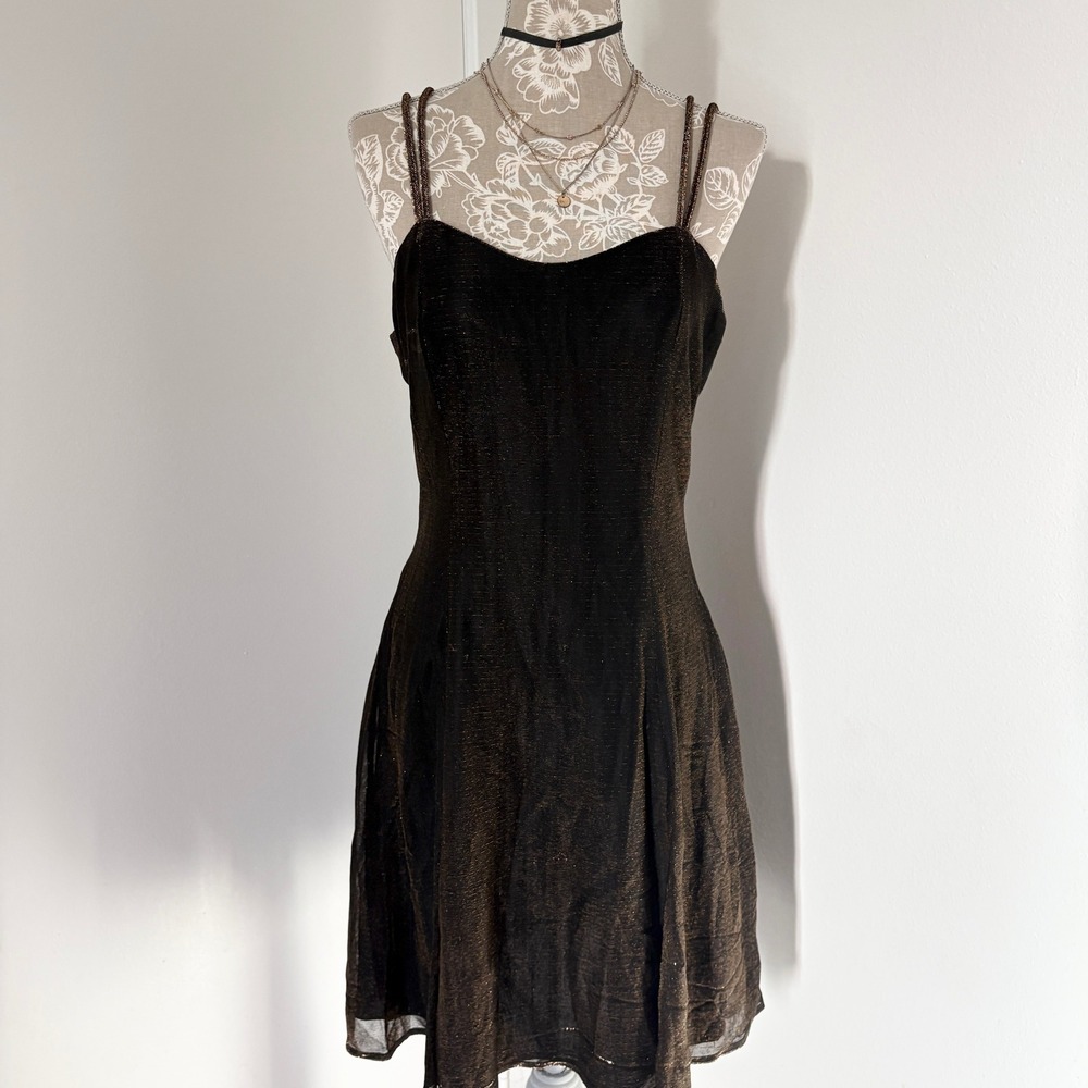 All That Jazz Vintage Metallic Mini Dress Spaghetti Strap Black Bronze S M